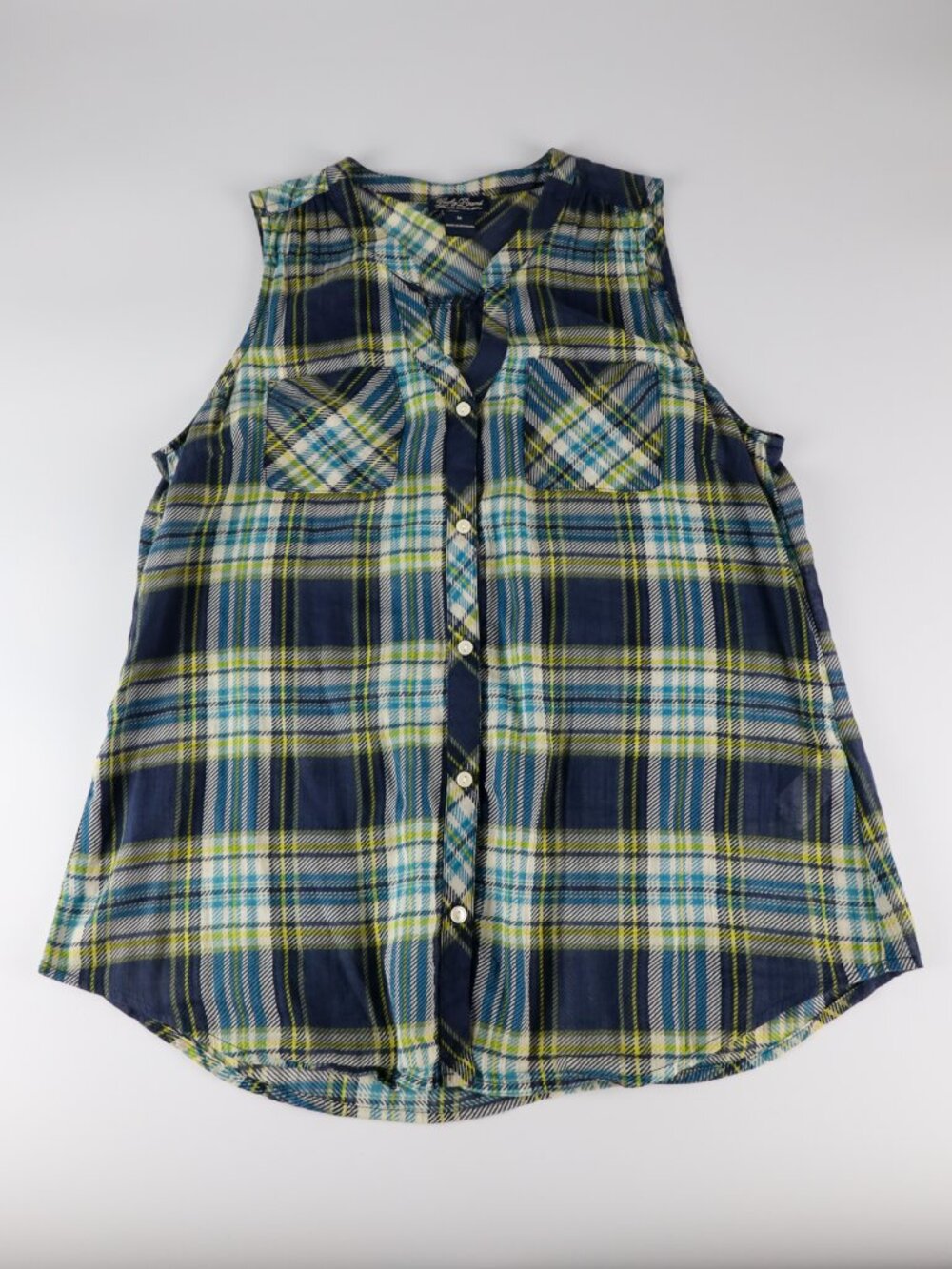 Lucky Brand Plaid Sleeveless Shirt- Womens size M, Green and Blue, 2 Pockets